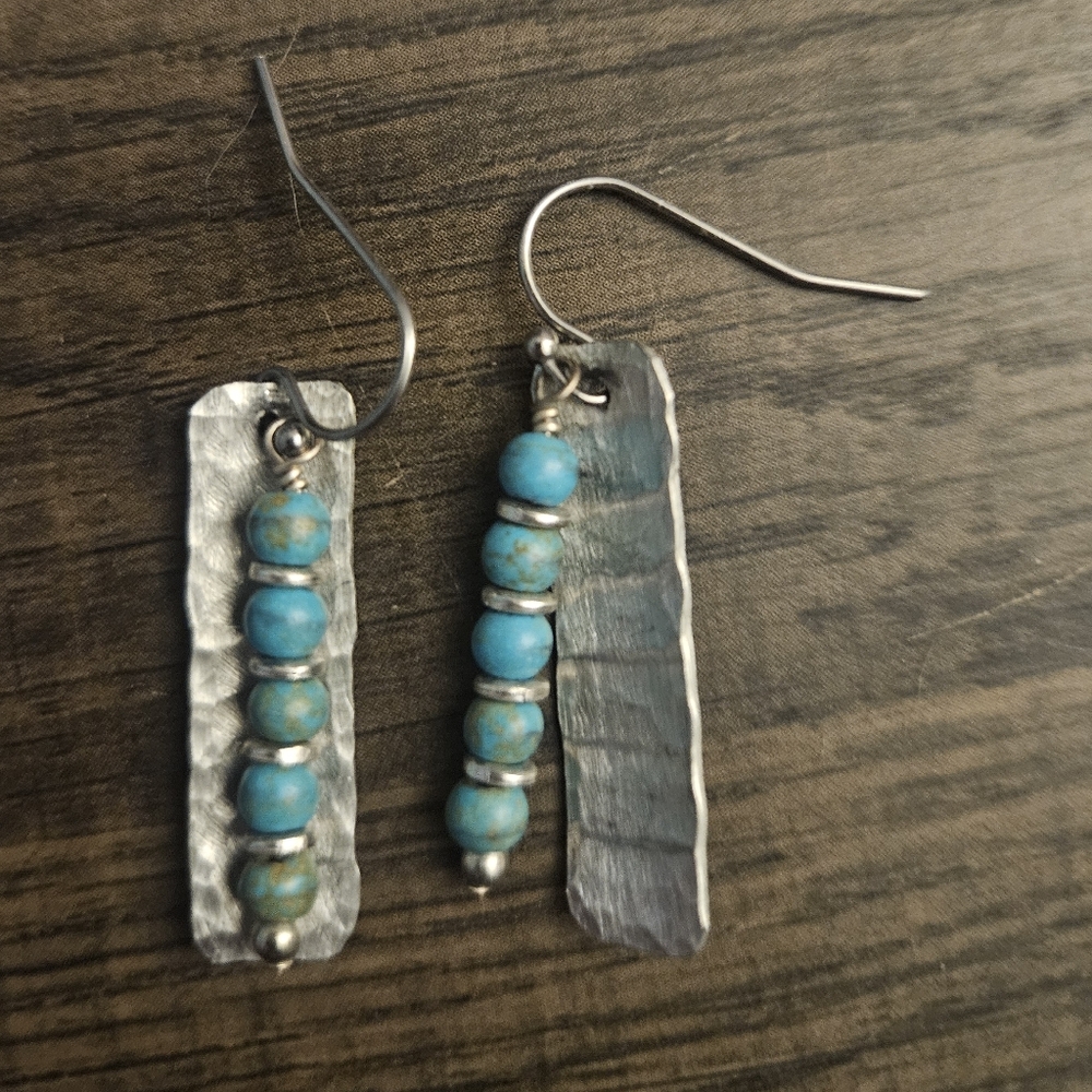 Silver and Turquoise Beaded Dangle Earrings - Picture 6 of 6